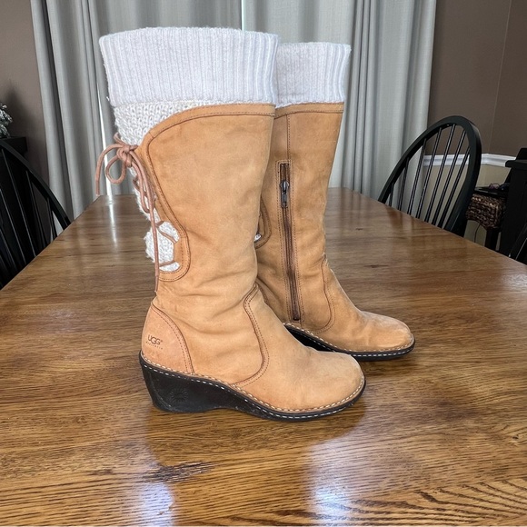⭐️ UGG Women's Skylair Wedge Boots Tan Leather Zip Lace Up Knit Sweater Size 8 - Picture 6 of 10